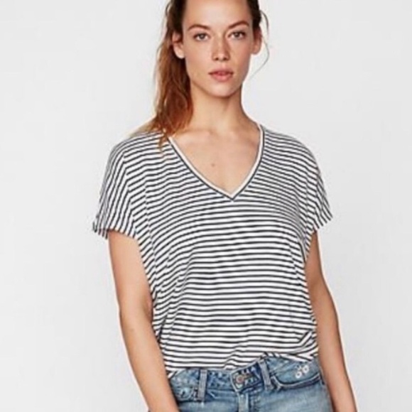 EXPRESS One Eleven Tie Front V-Neck Tee White | Pink Stripes - Picture 7 of 7